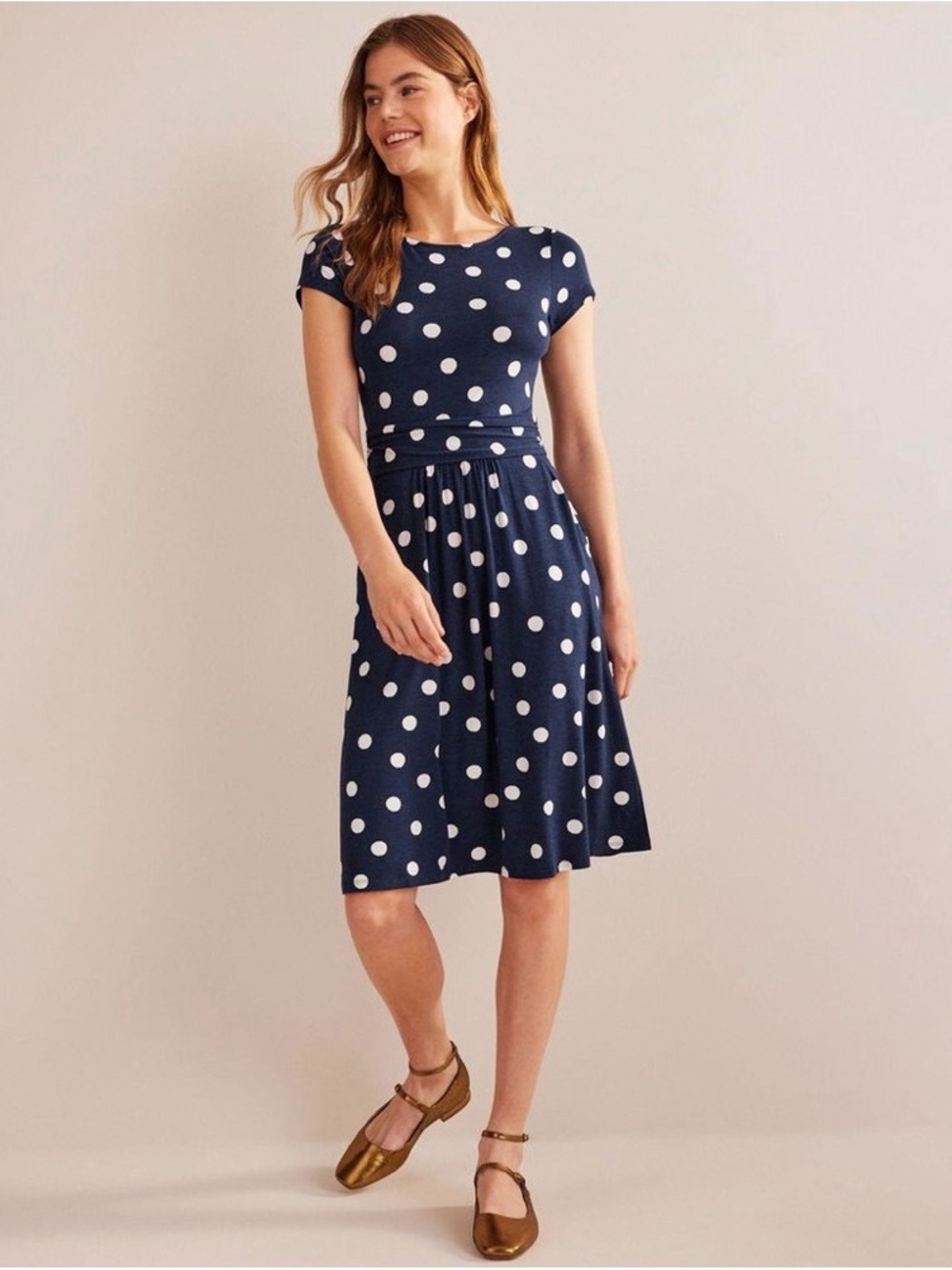 Boden Amelie Dress Navy Blue Polka Dot Soft Jersey